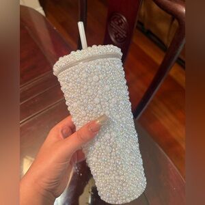 Wedding Gift White Iridescent Pearl Embellished 22oz Travel Tumbler with Straw